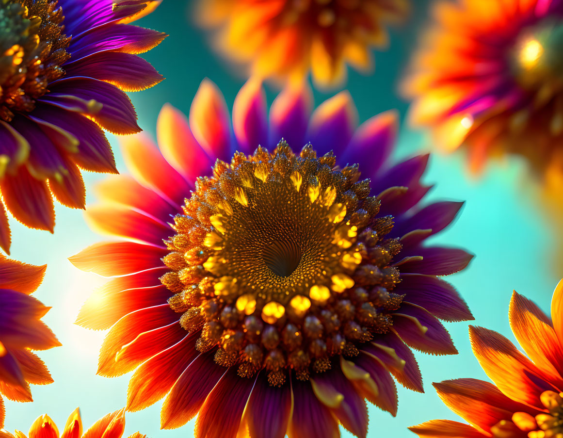 Colorful Sunflower Close-Up with Spiraling Seed Pattern Among Flowers