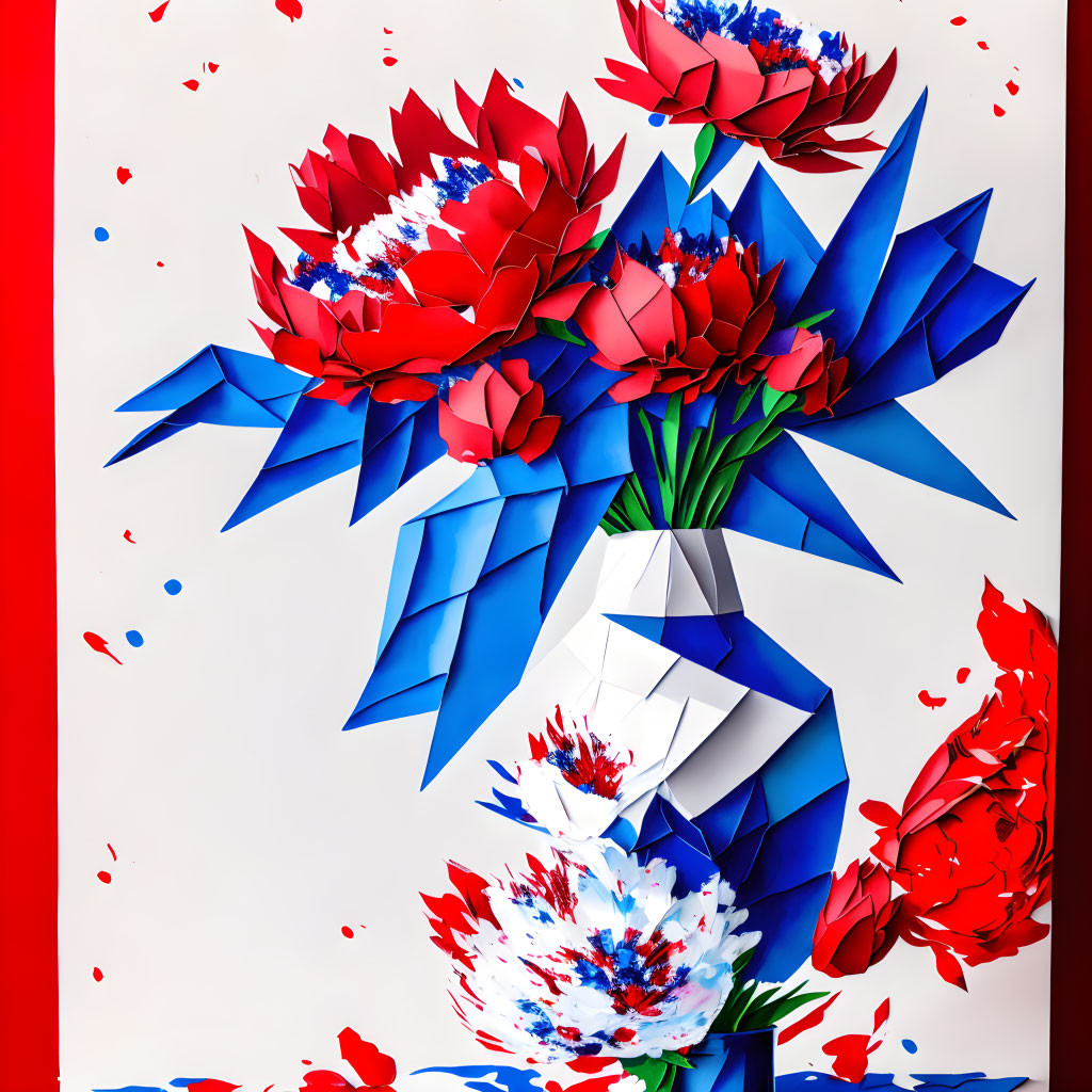 Colorful Paper Art Display: Blue and Red Flowers in Geometric Vase