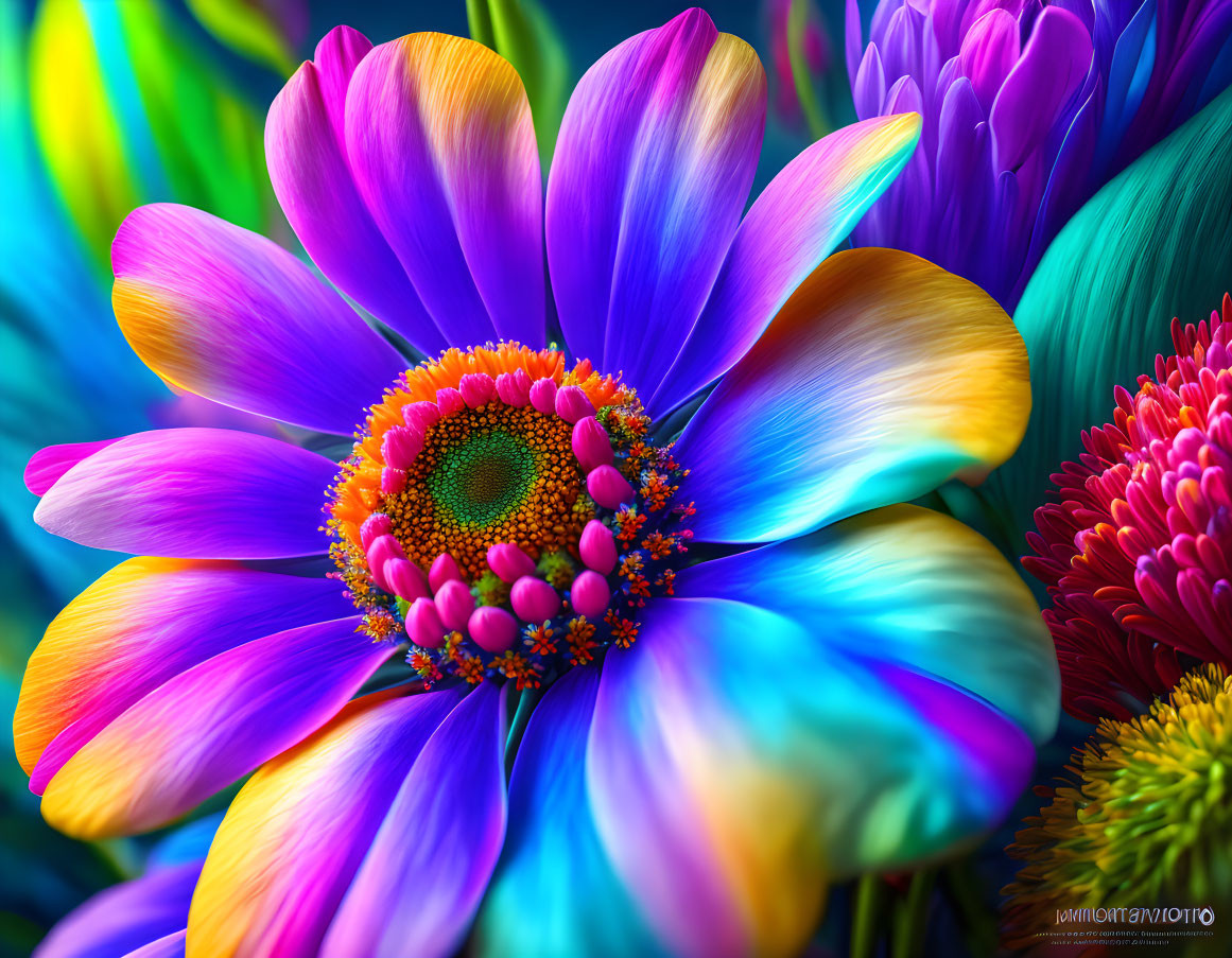 Colorful Digital Art Featuring Bright Pink and Purple Flower Gradient Amid Multicolored Flora