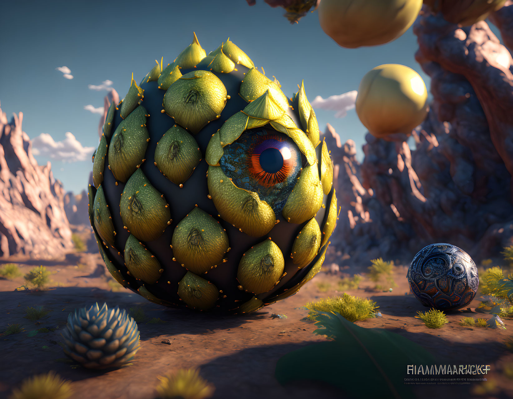 Spherical object with eye patterns and spikes in desert landscape