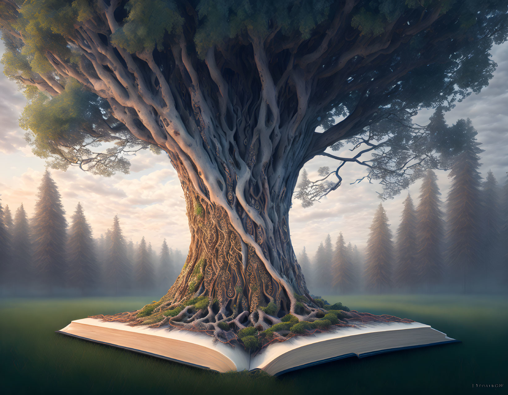 Interwoven roots of tree on open book in misty forest landscape