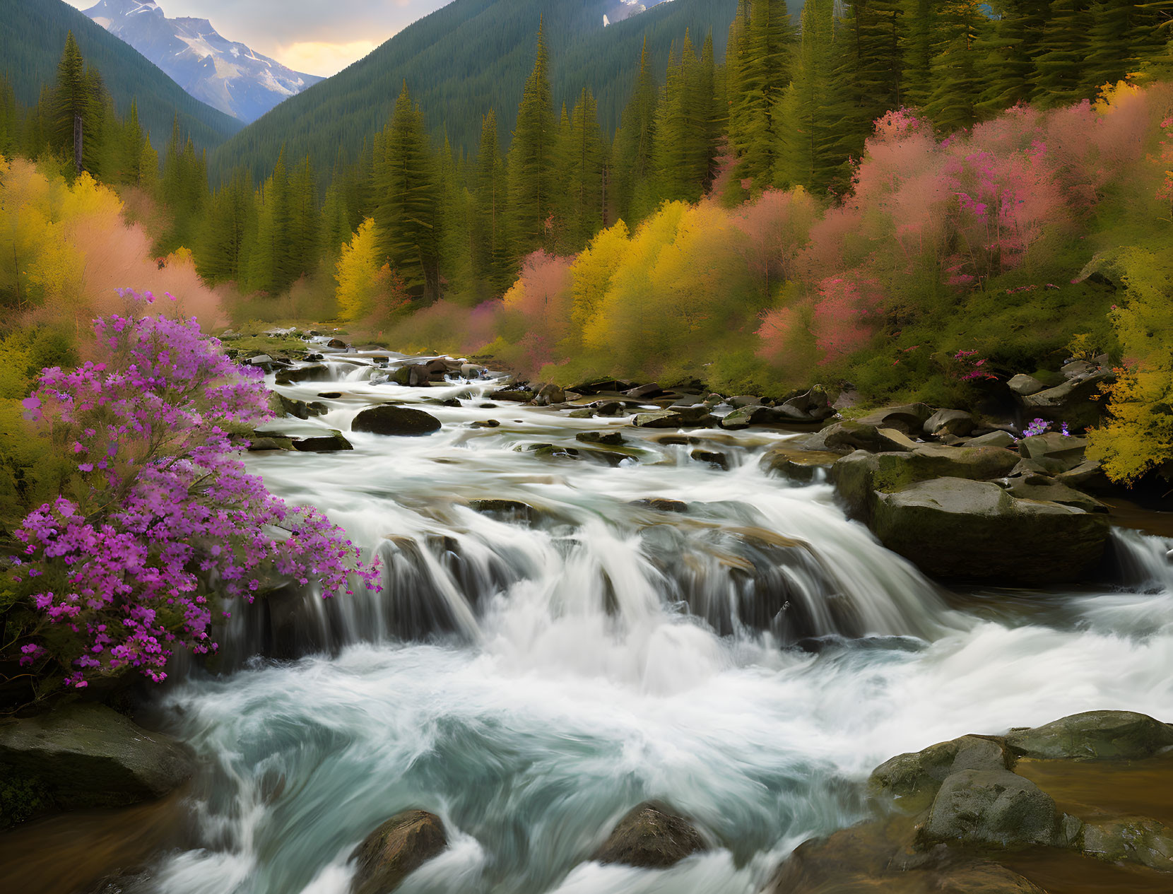 Scenic river with autumn foliage and mountain backdrop