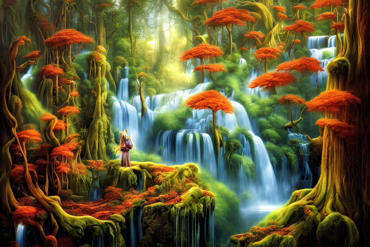 Vibrant orange foliage, cascading waterfalls, person in awe in mystical forest