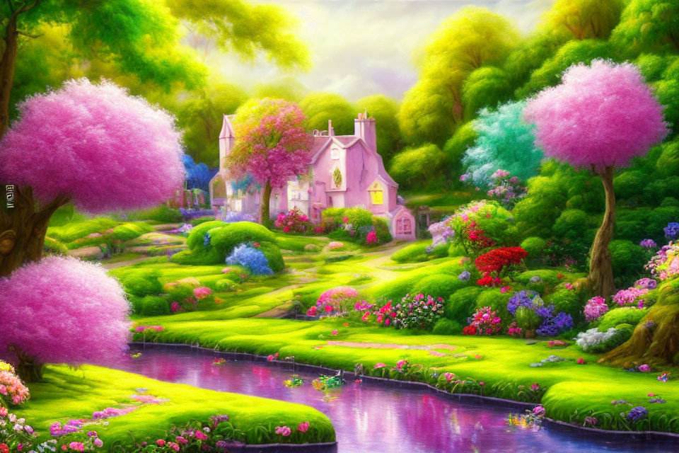 Vibrant pink trees and a serene river in a picturesque fantasy landscape