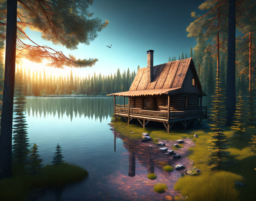 Tranquil Lakeside Sunset with Wooden Cabin & Pine Trees