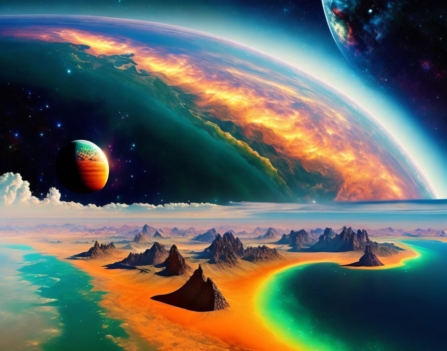 Colorful alien planet landscape with ringed planet and nebula