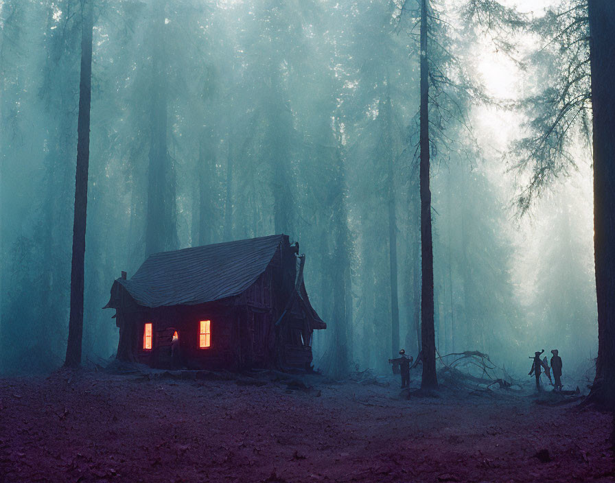 Misty forest scene with glowing cabin and silhouetted figures