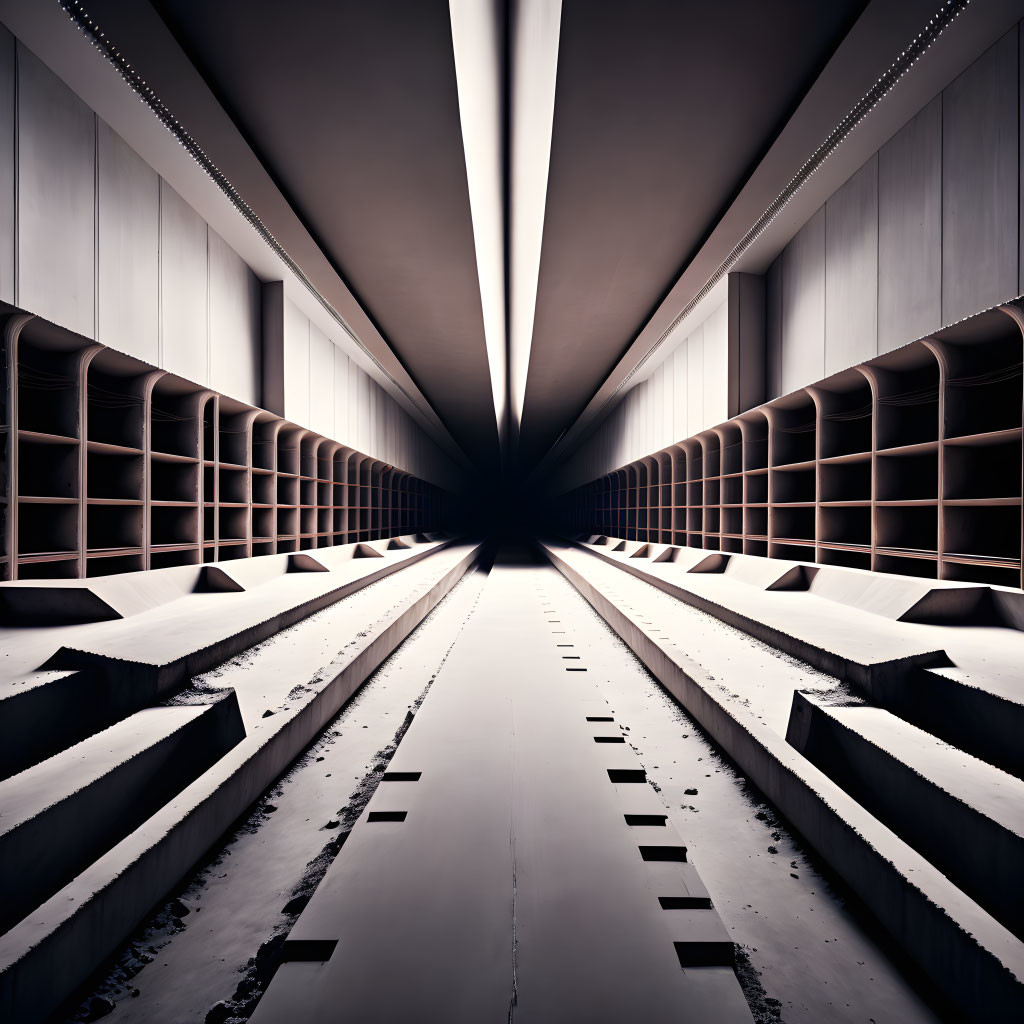 Architectural structure with symmetrical lines and vanishing point illuminated by lights