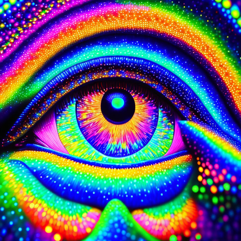 Vibrant eye digital artwork with psychedelic patterns and rainbow spectrum