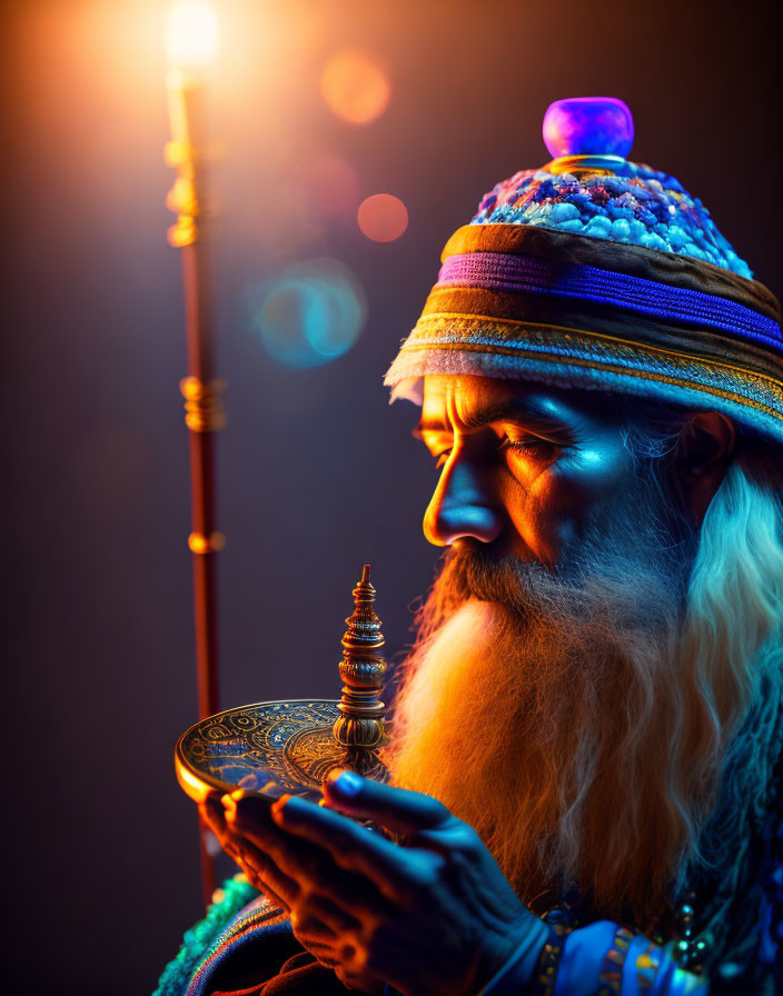 Bearded person in mystical attire with dramatic lighting