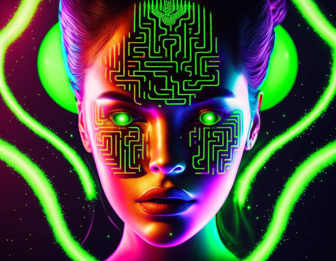 Colorful portrait of woman with circuit-patterned body art in neon greens and purples on dark