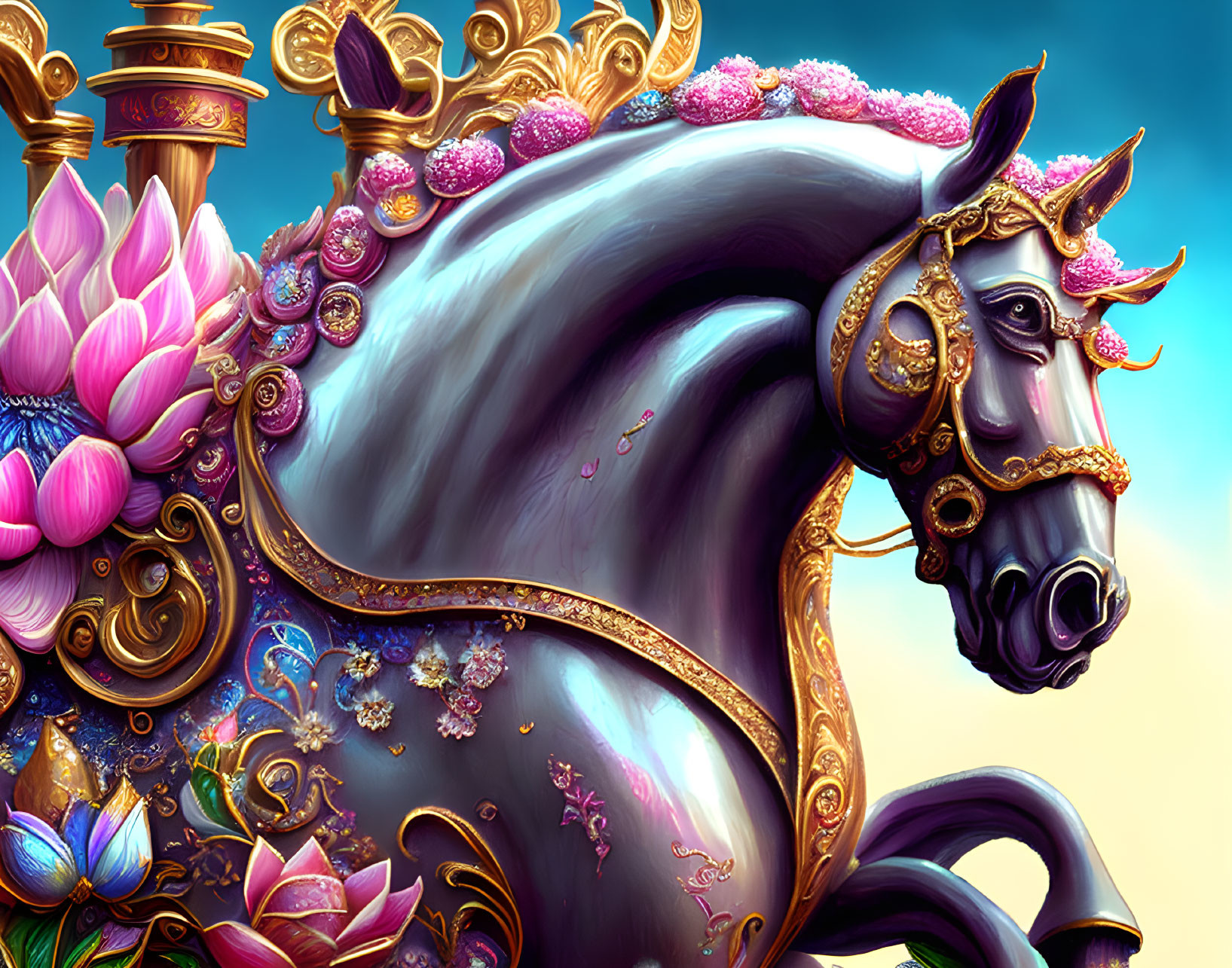 Mythical horse with decorative gear and vibrant flowers on blue sky background