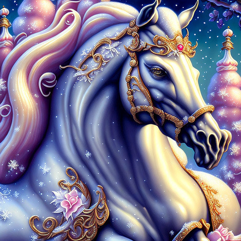 Fantastical blue horse with golden accessories in twilight landscape