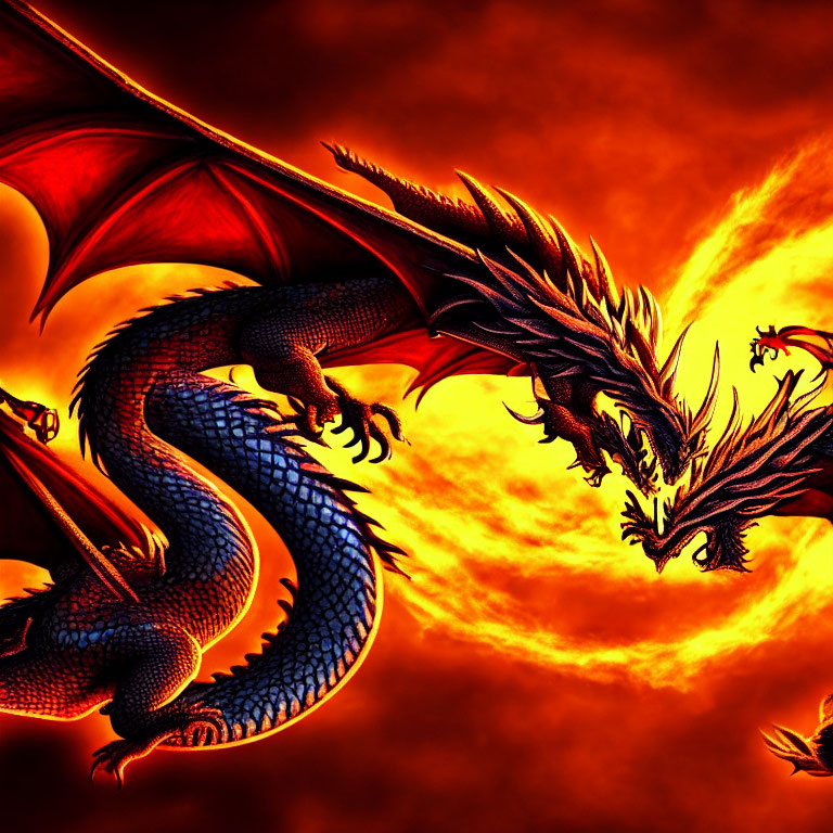 Vibrant red and orange backdrop with blue dragon in flight