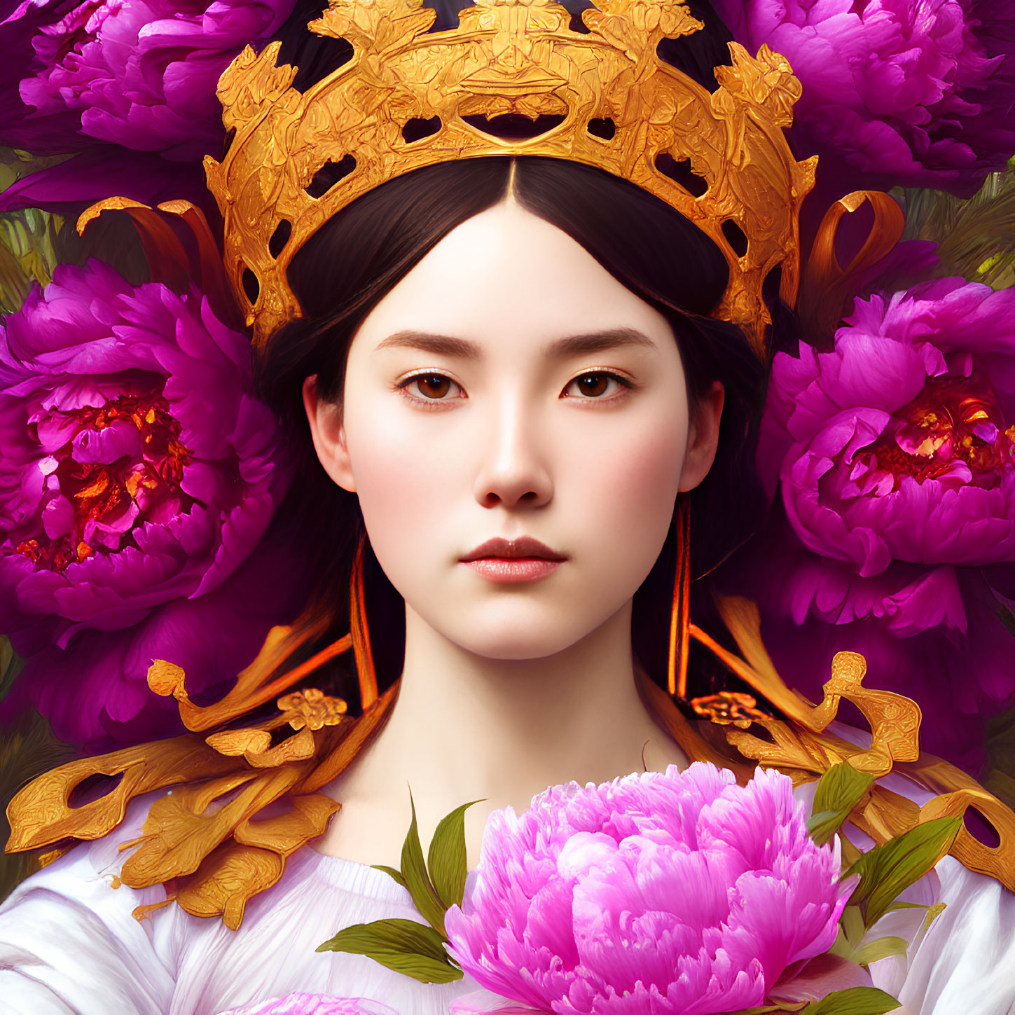 Digital artwork: Woman with gold crown, pink peonies, white attire, regal vibe