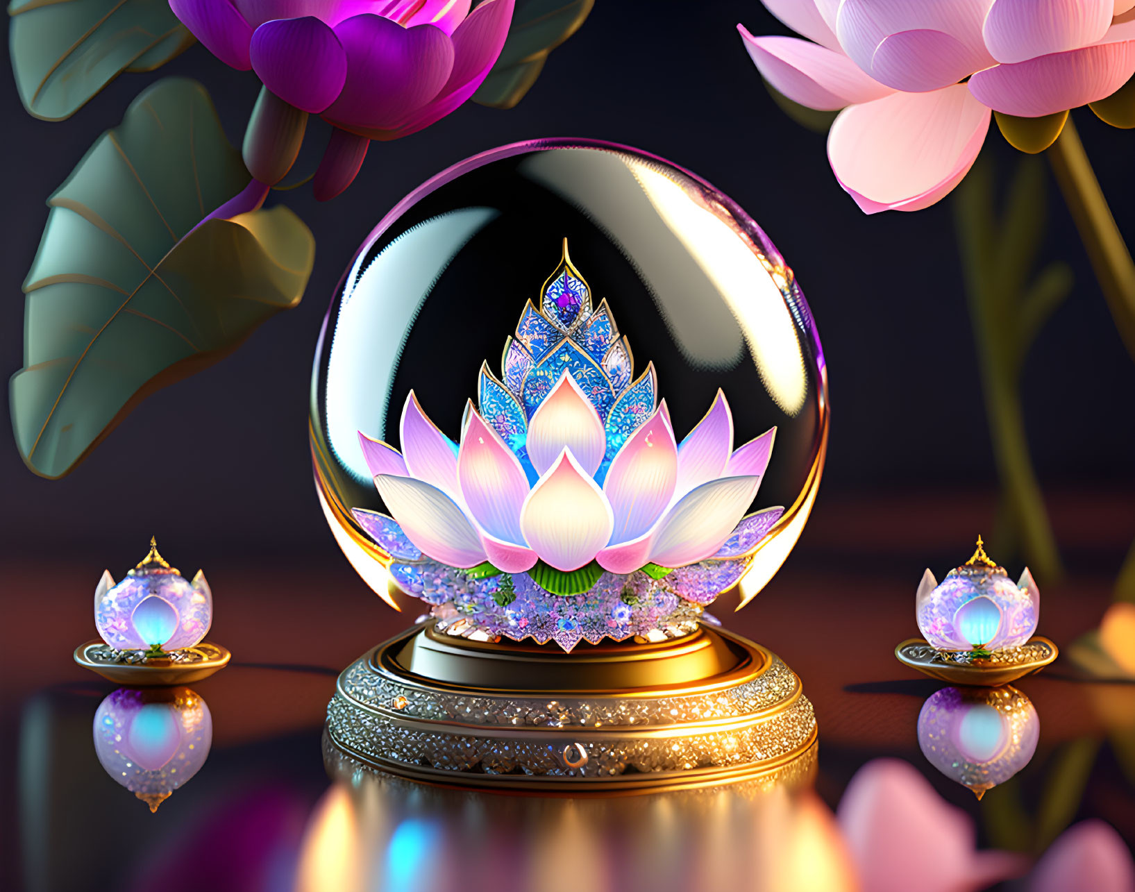 Crystal ball with multicolored lotus flower on golden stand surrounded by glowing orbs