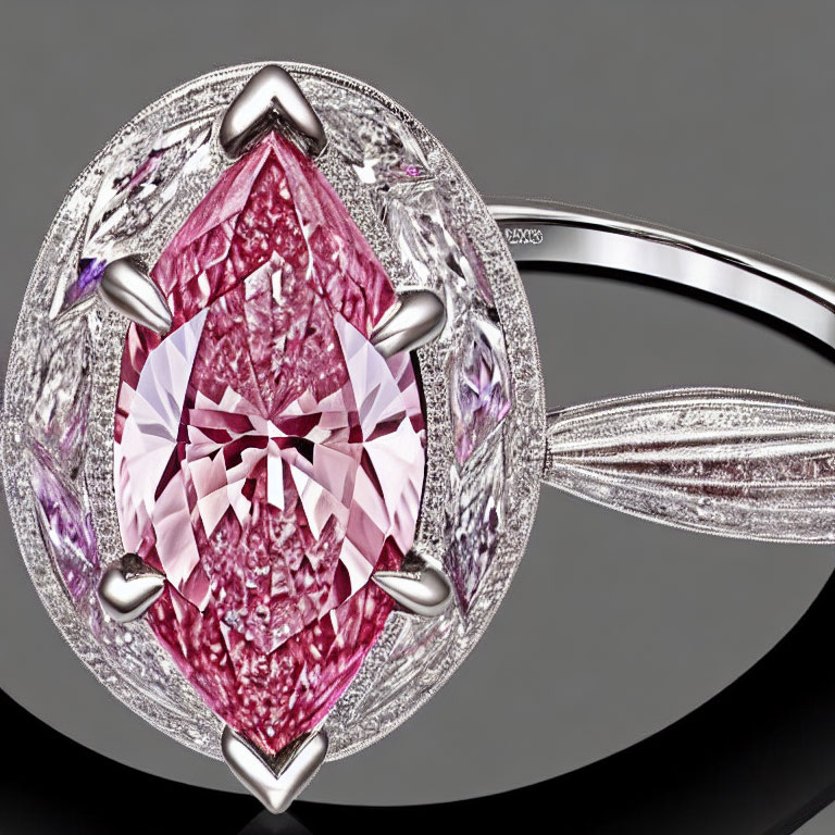 Pink diamond centerpiece ring with intricate metalwork and gemstones on grey background