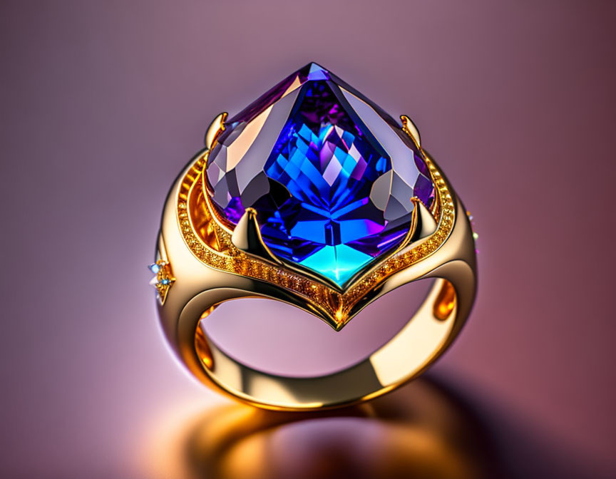 Luxurious Golden Ring with Blue Gemstone and Diamonds on Purple Background