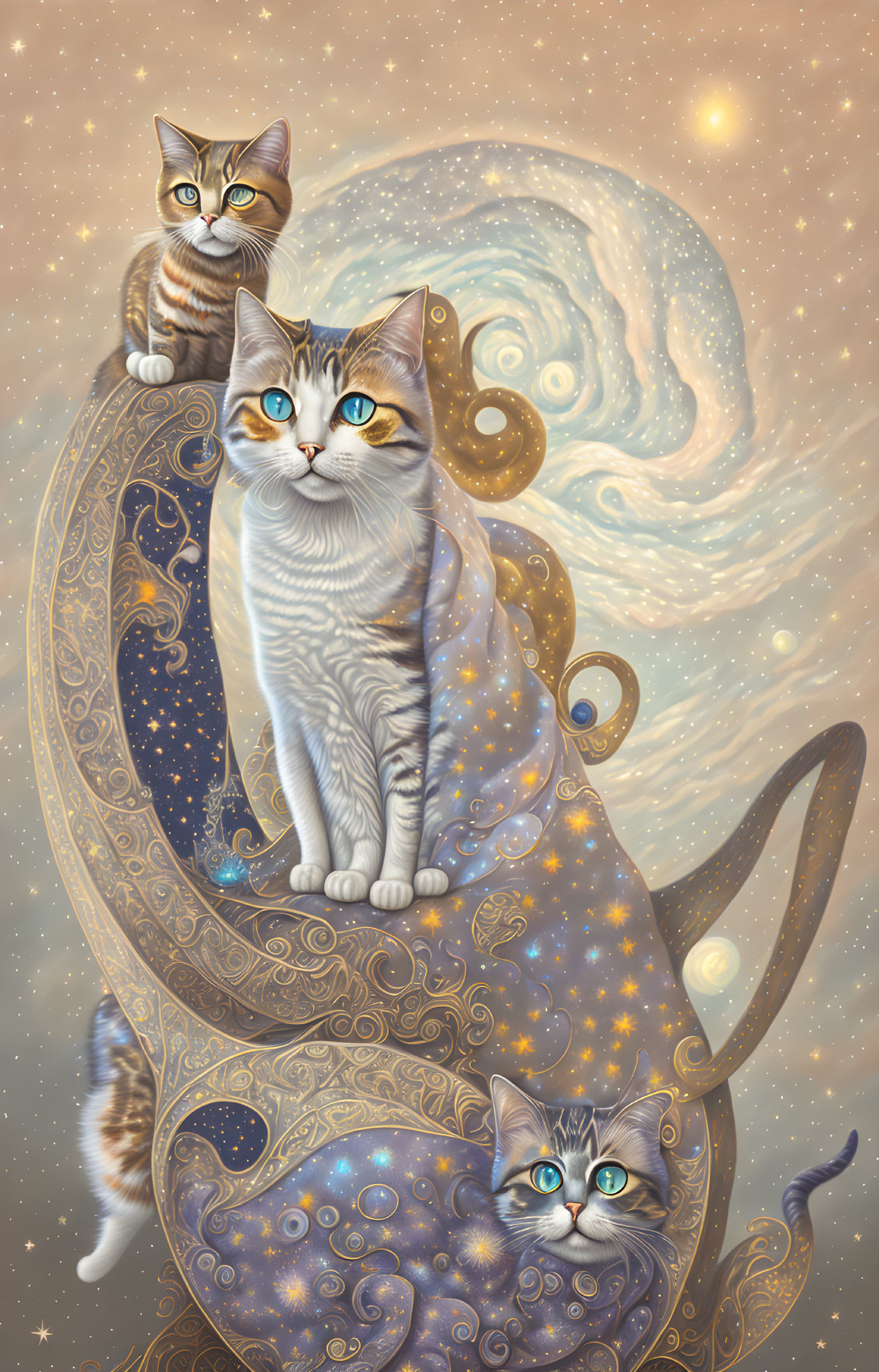 Tabby Cats with Blue Eyes on Crescent Moon in Galaxy