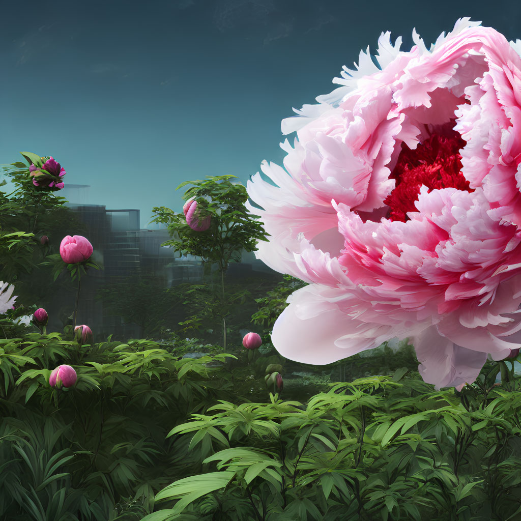 Greenery scene with oversized pink peony and misty modern buildings