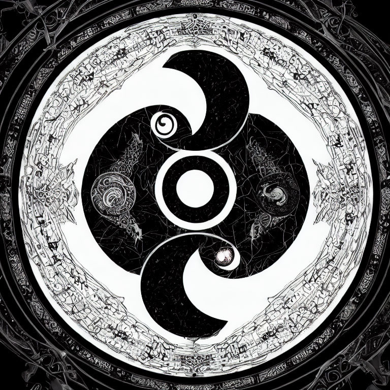 Monochrome mandala with triskelion and geometric patterns