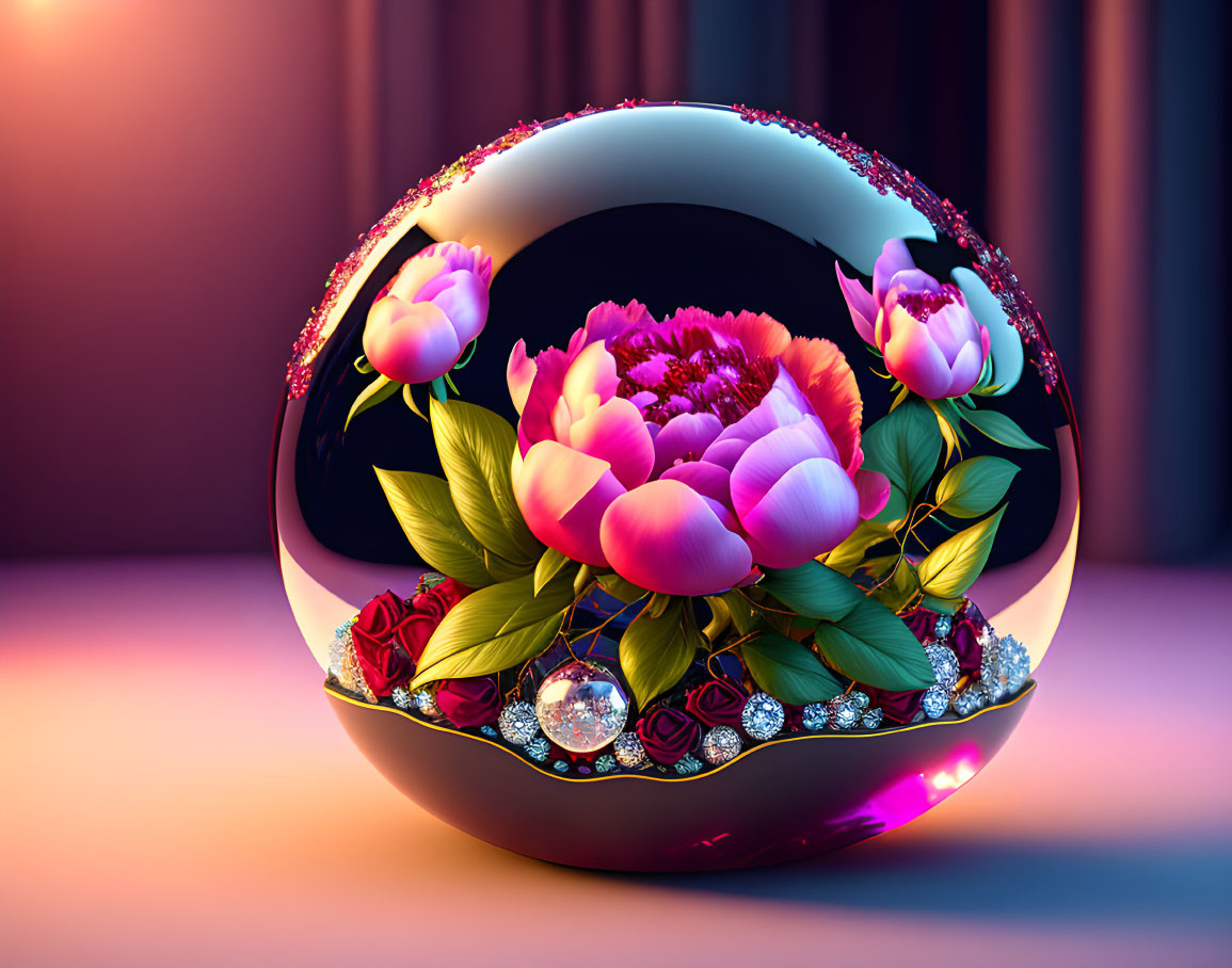 Colorful Floral Ornament with Sparkling Gems on Moody Background