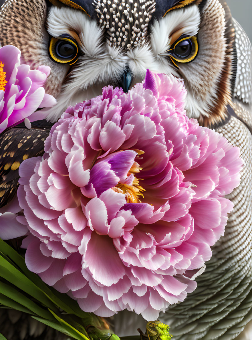 Detailed Owl Illustration with Vibrant Eyes and Pink Peony in Beak