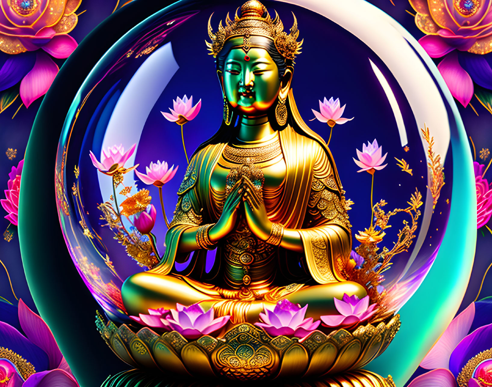 Golden Buddha meditating in transparent sphere surrounded by pink lotus flowers