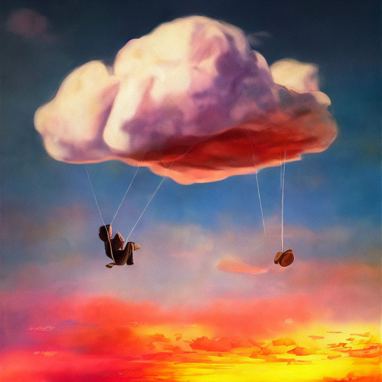 Illustration of person on swing hanging from cloud in sunset sky