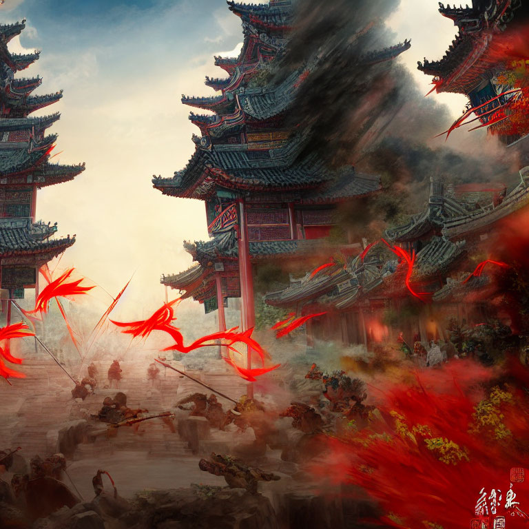 Warriors in battle at traditional Chinese architecture with red wisps and dramatic sky.