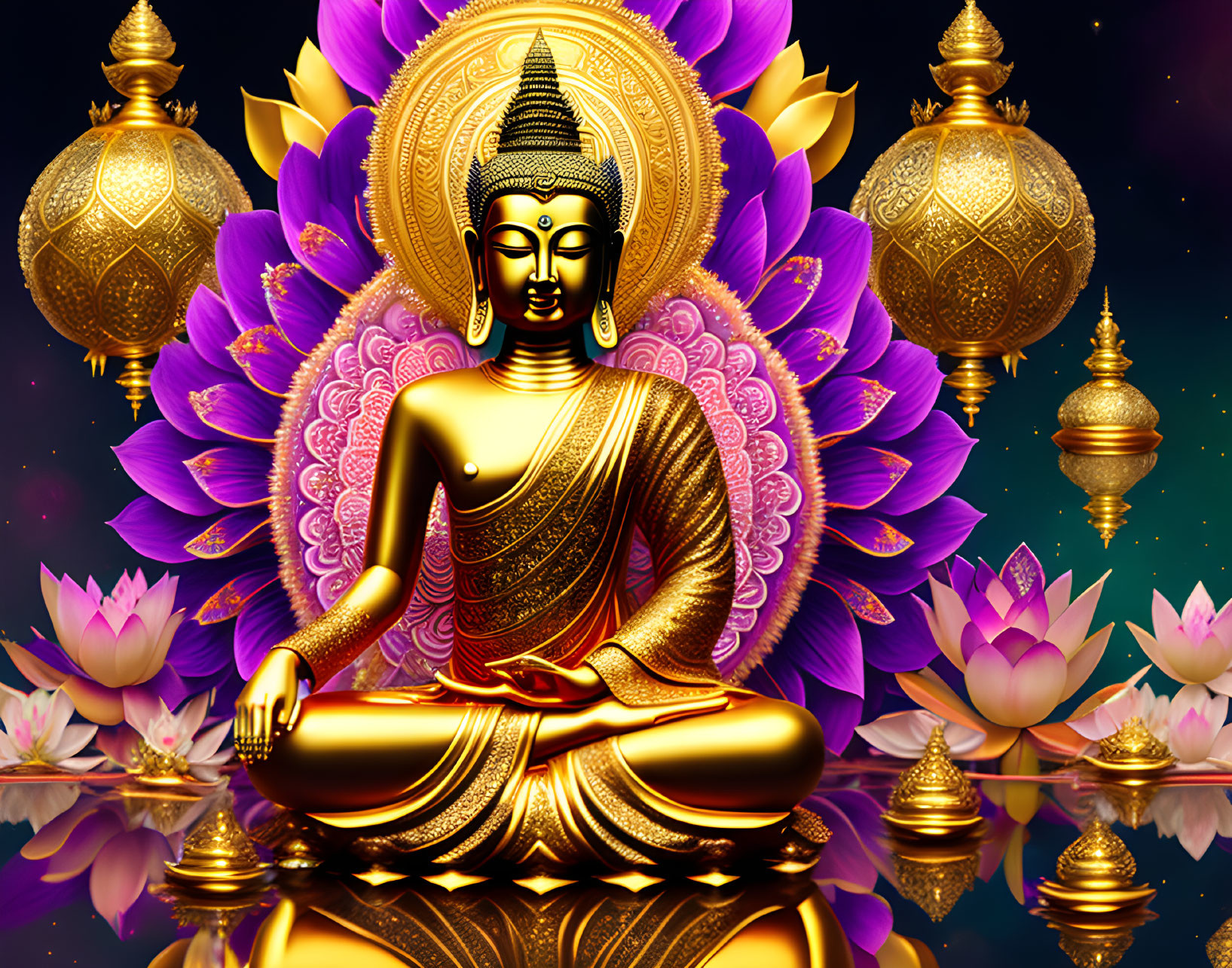 Intricate Golden Buddha Statue in Meditation Pose surrounded by Lotus Flowers and Ornate Lamps