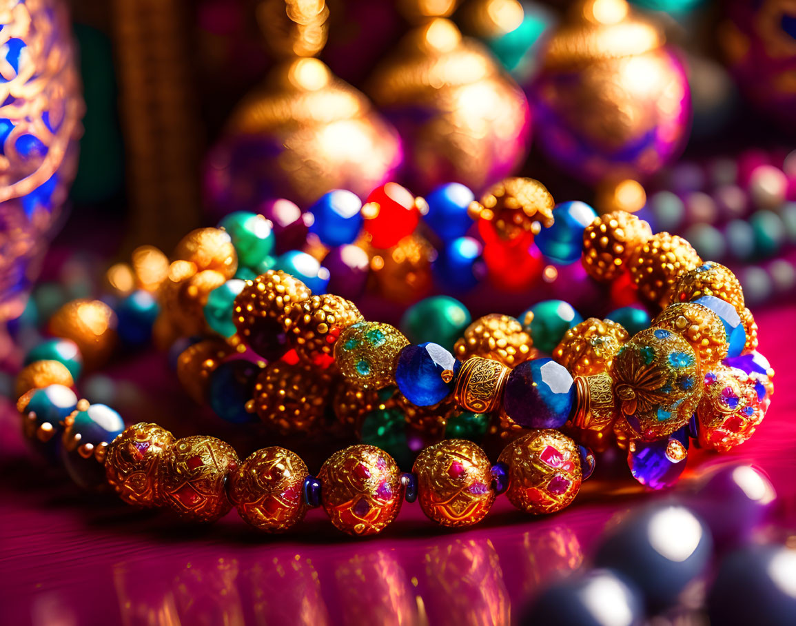 Vibrant Beaded Bracelets with Golden Embellishments on Colorful Background