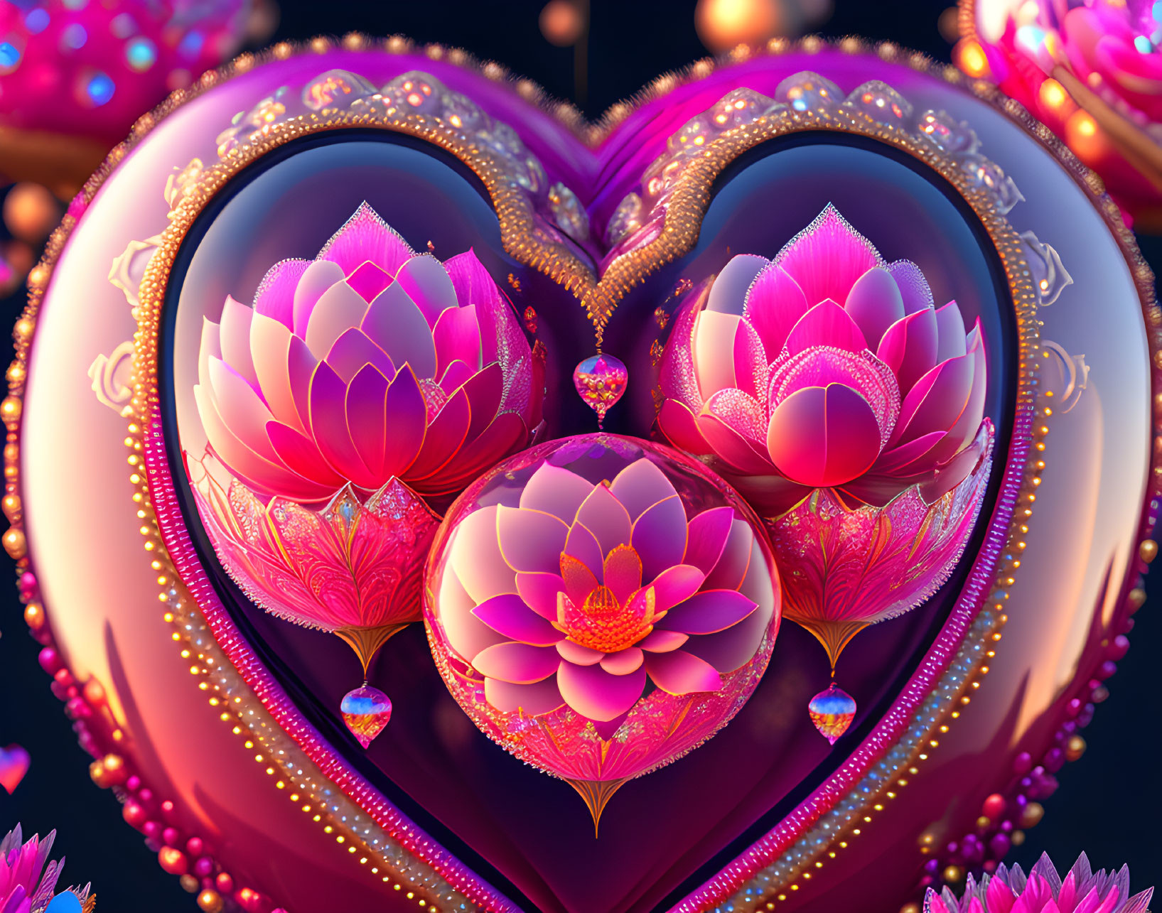 Colorful 3D Heart Frame with Lotus Flowers on Dark Background
