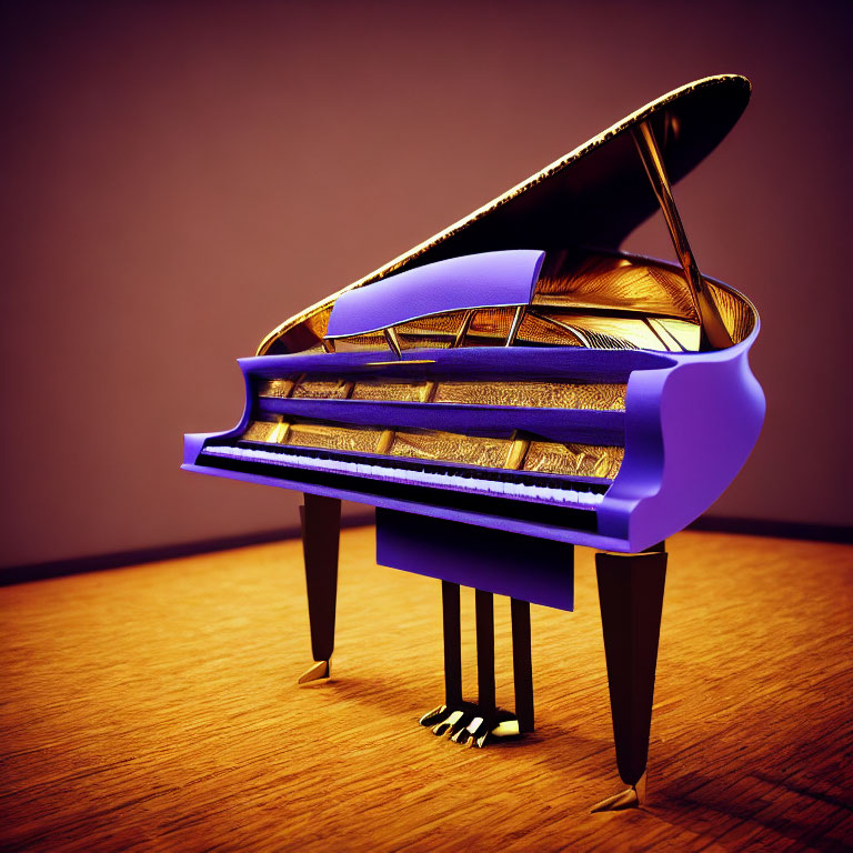 Surreal violet grand piano with distorted keys on wooden floor