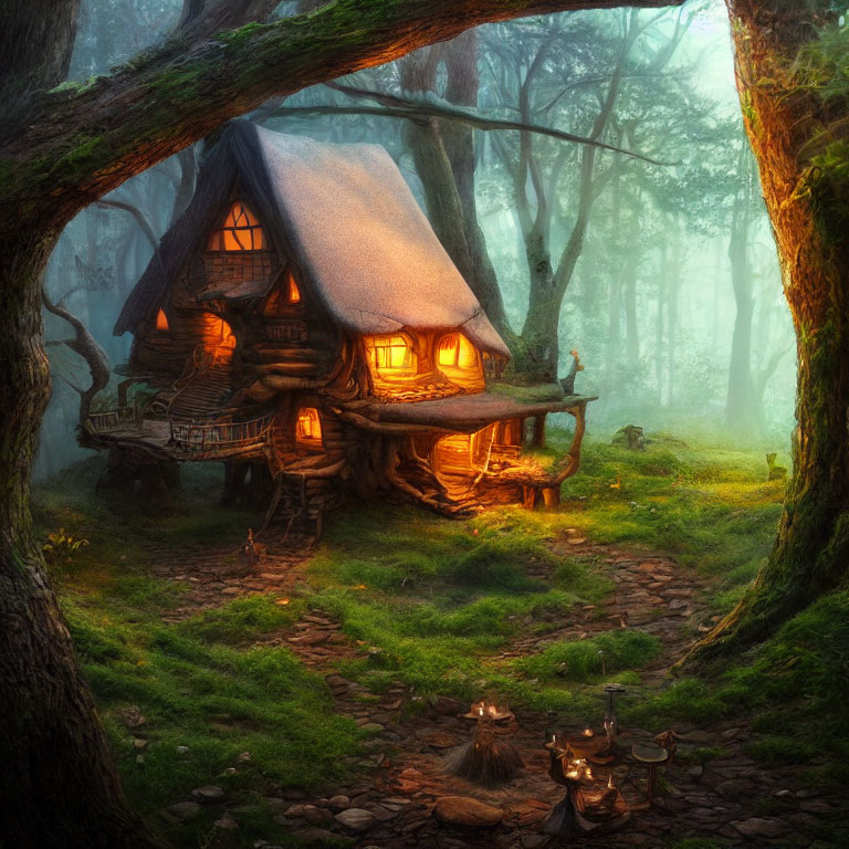 Wooden Cottage in Misty Forest with Glowing Windows and Tea Set