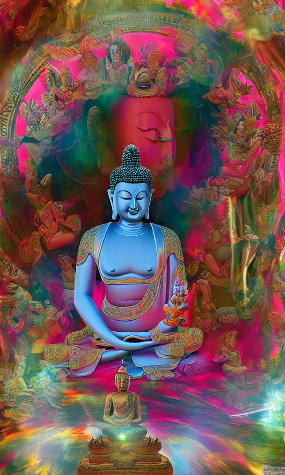 Detailed Blue Buddha Meditation Artwork with Ethereal Figures