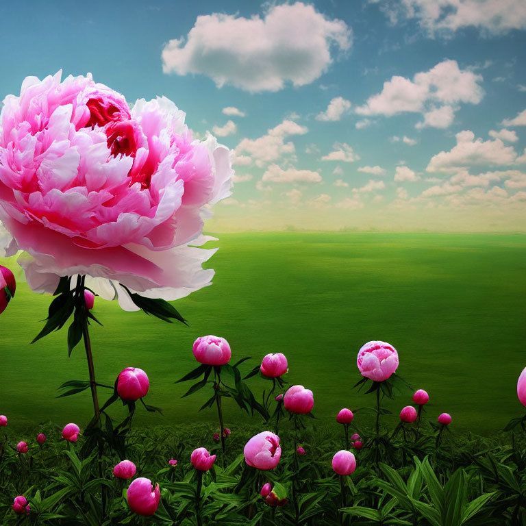 Lush Green Grass Field with Blooming Pink Peonies