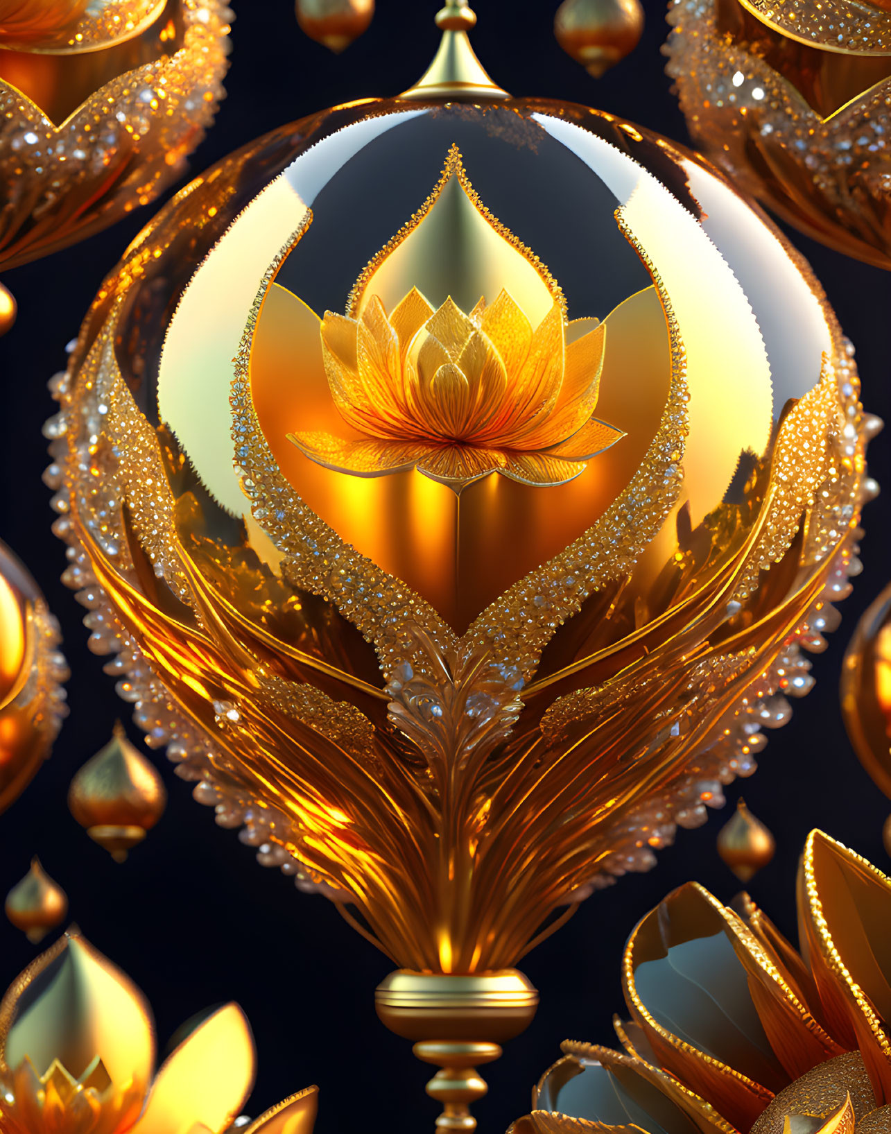 Luxurious gold and lotus flower adorned spherical ornament illustration