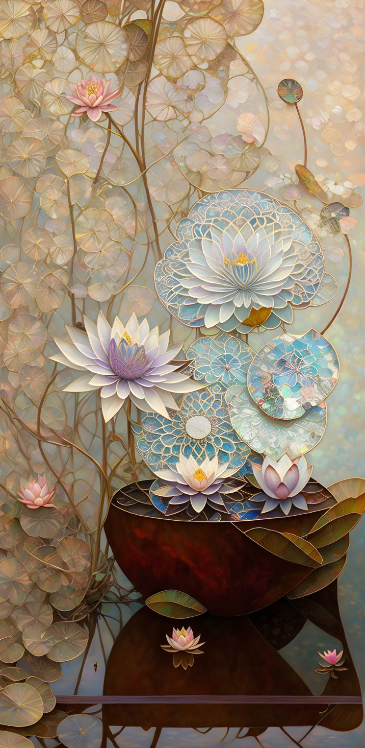 Tranquil digital painting of lotus flowers on reflective water