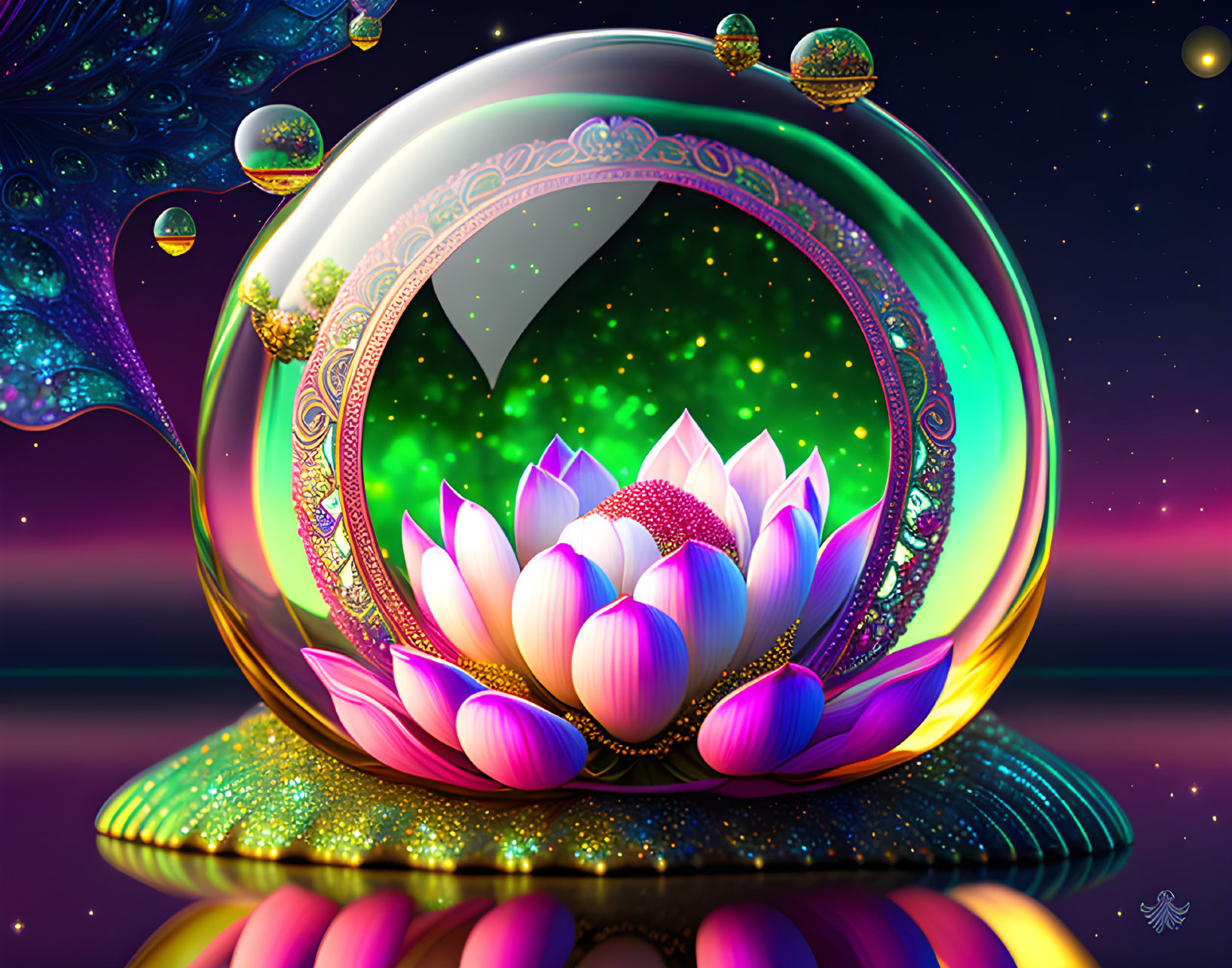 Colorful digital artwork: Pink lotus in translucent sphere with cosmic backdrop.