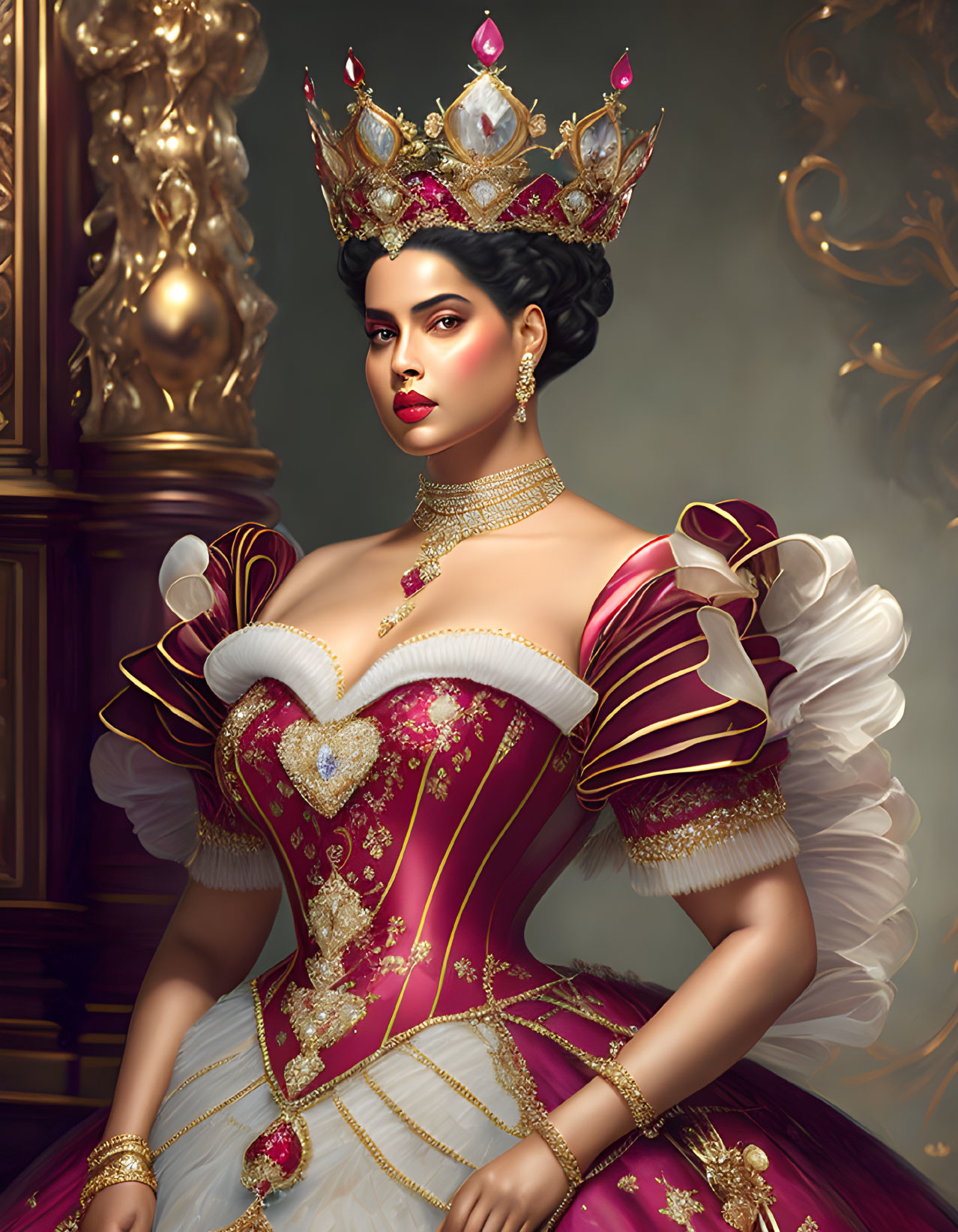 Regal woman in red and gold gown with crown and necklace