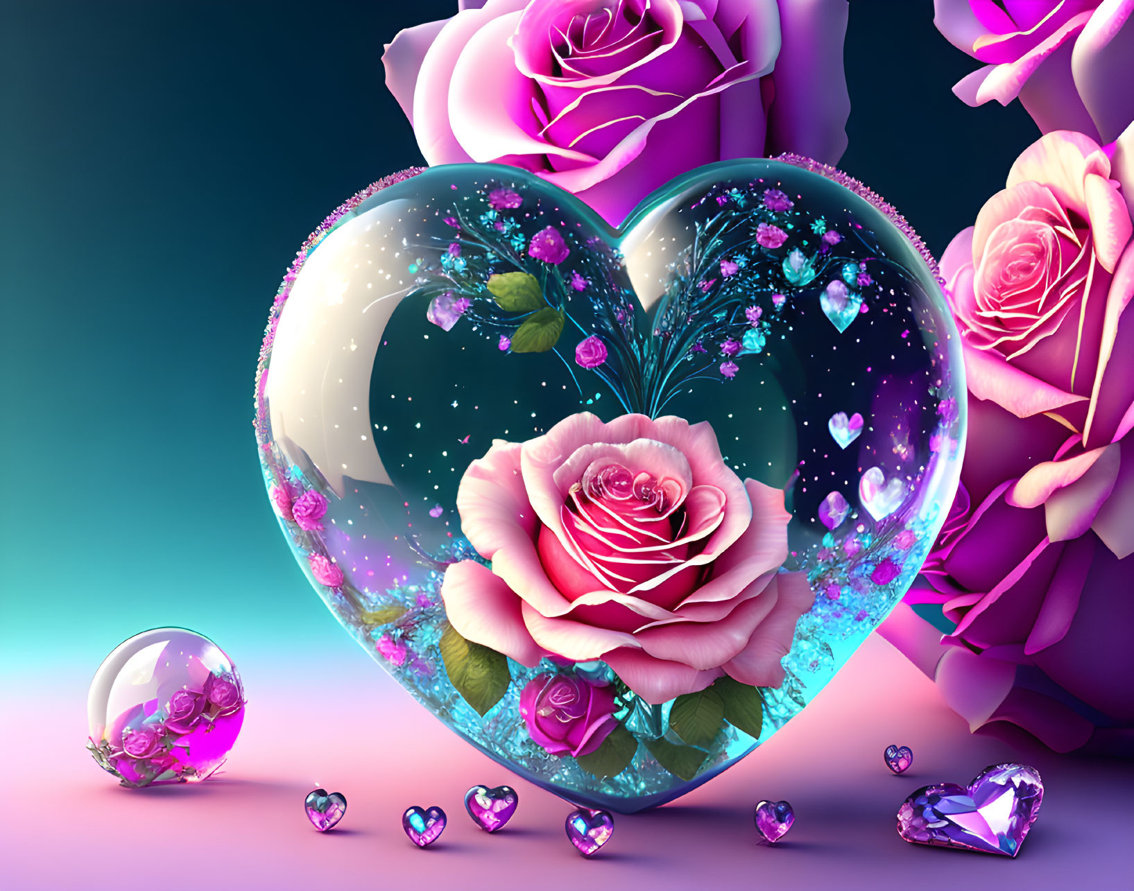 Transparent heart with roses and smaller hearts on gradient background