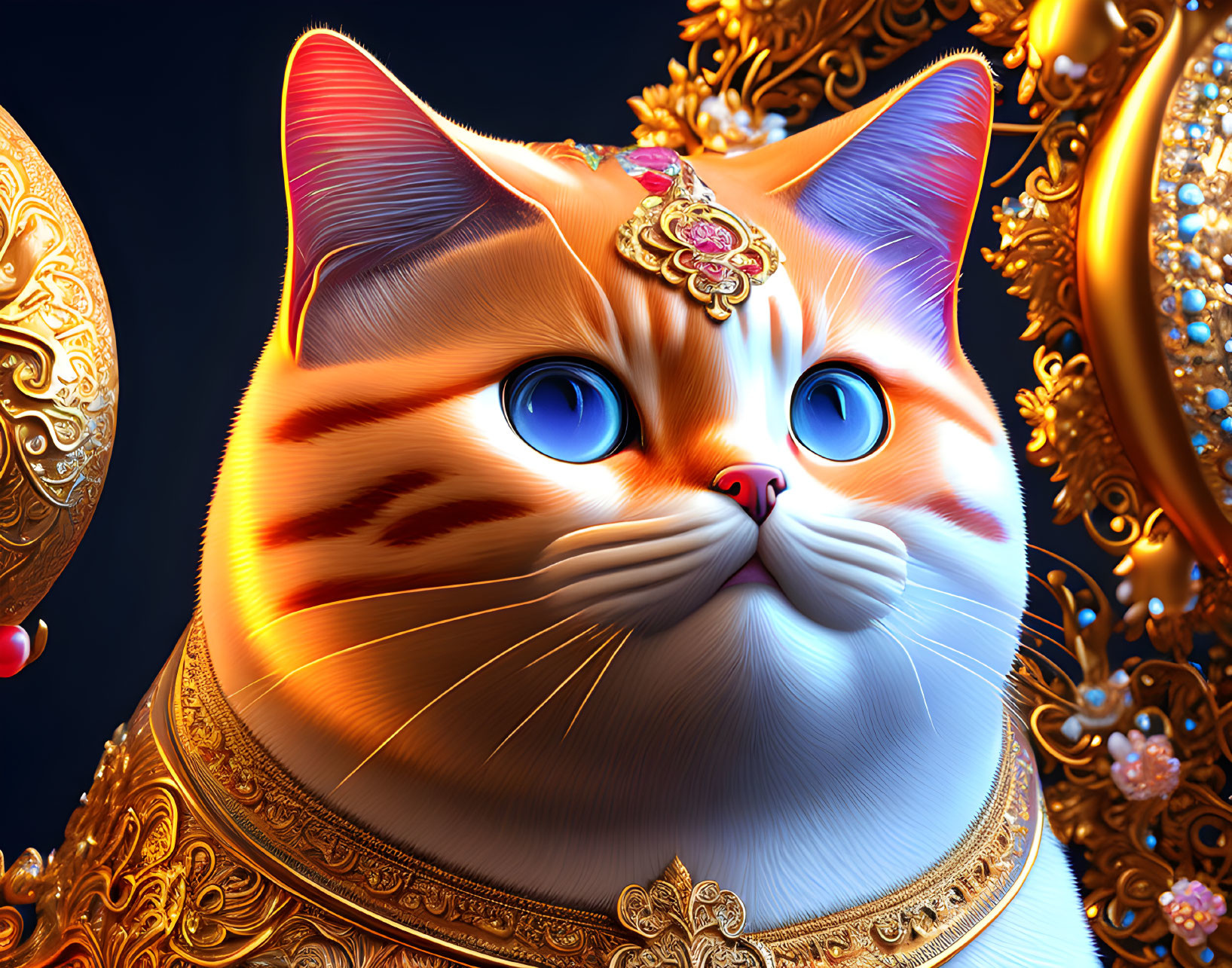 Golden ornate cat with striking blue eyes and intricate jewelry in lavish setting