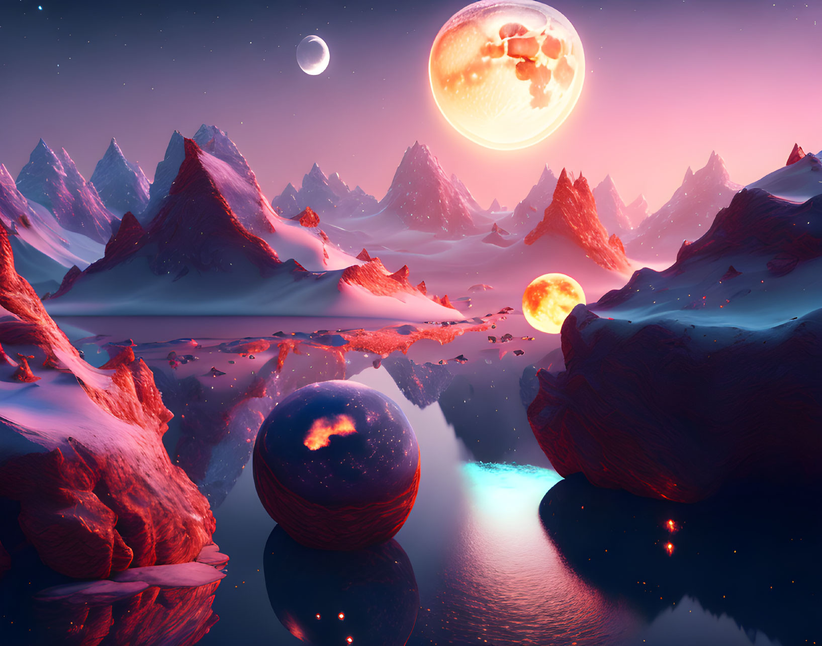 Surreal landscape with pink skies, moons, orbs, and snowy peaks