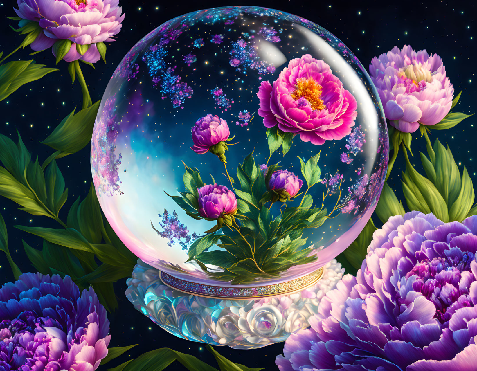 Colorful digital artwork: Peonies, crystal ball, galaxy, blossoms on starry night