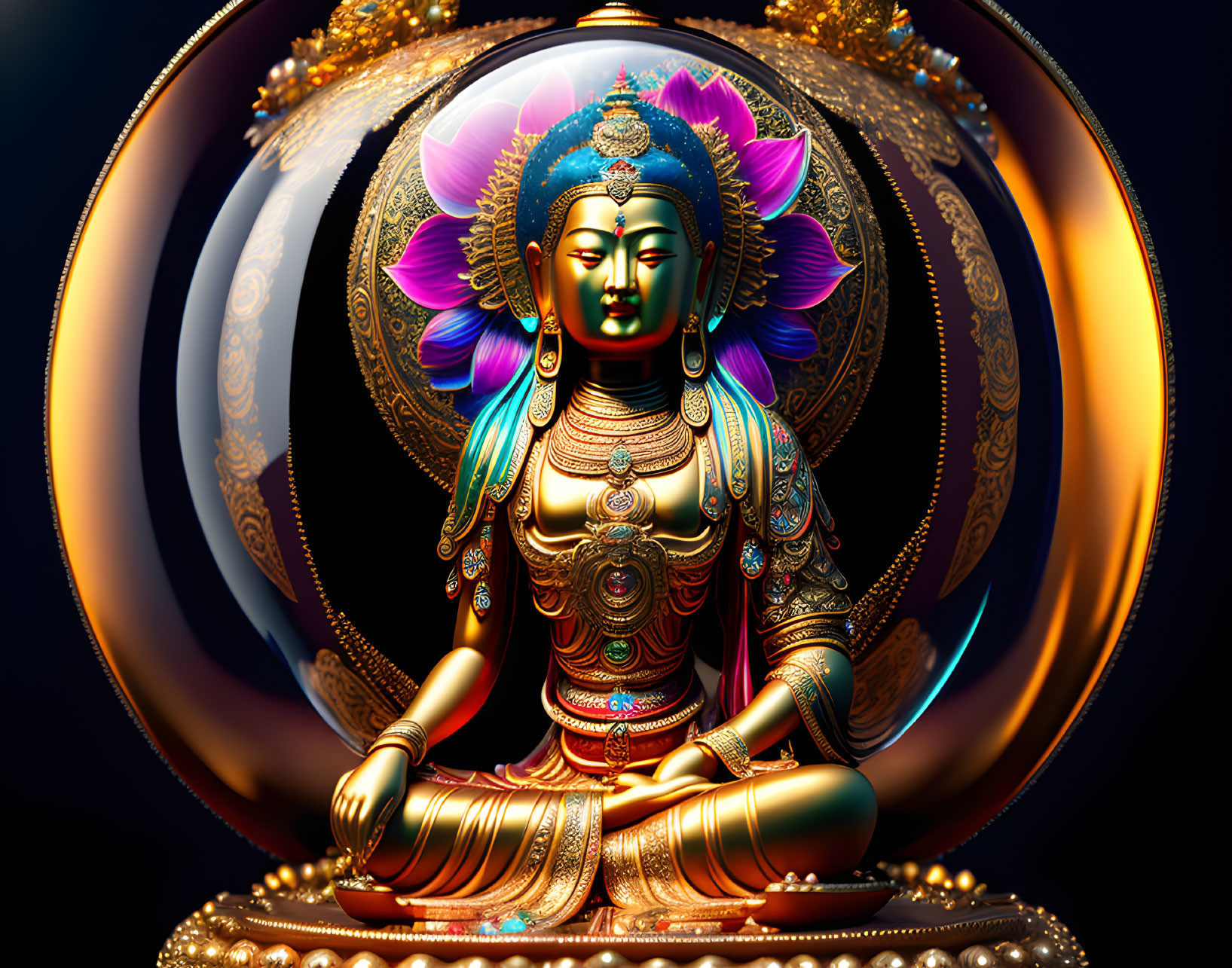 Colorful digital artwork: Deity with multiple arms in meditative pose