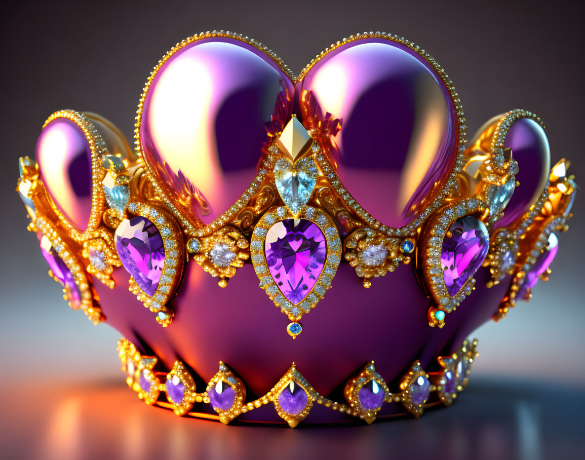 Golden crown with purple gemstones on gradient background