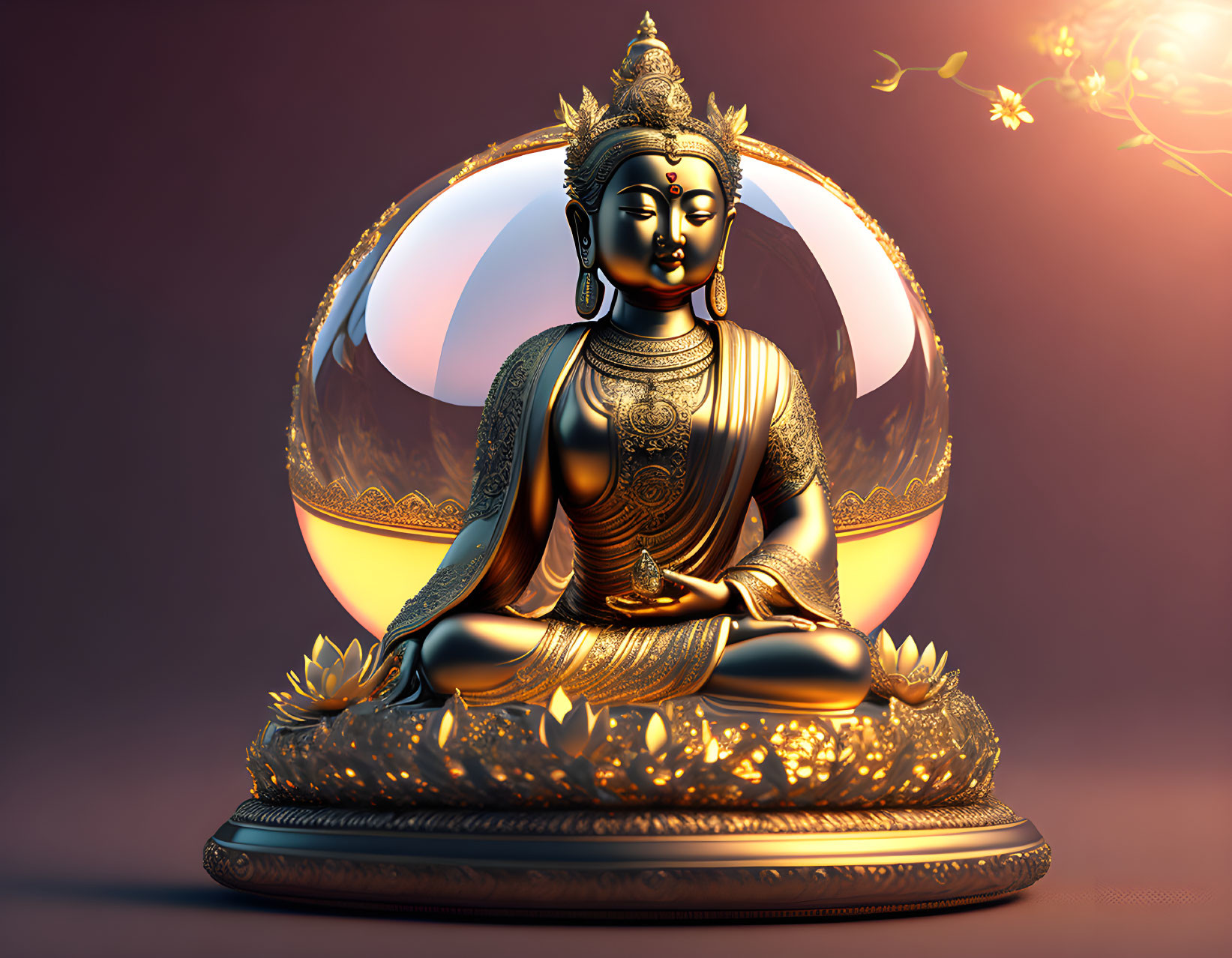 Golden Buddha Statue Meditating in Transparent Sphere with Lotus Flowers