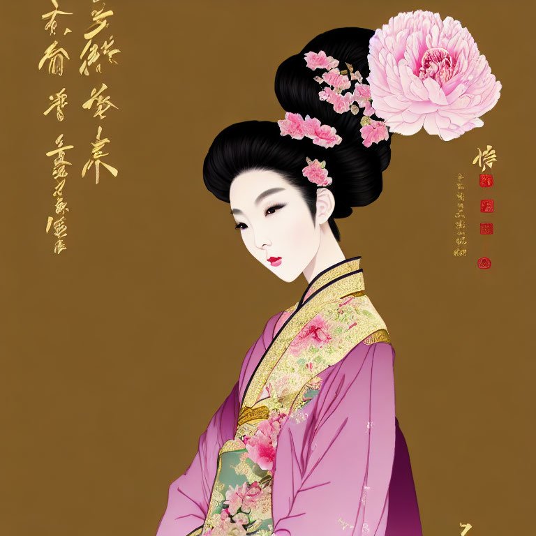 Asian-style painting of elegant woman in purple robe with peony flower & calligraphy