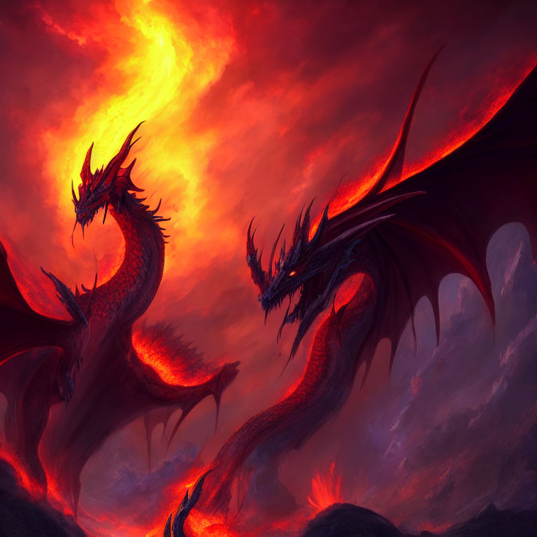 Fiery red skies with two soaring dragons and blazing sun